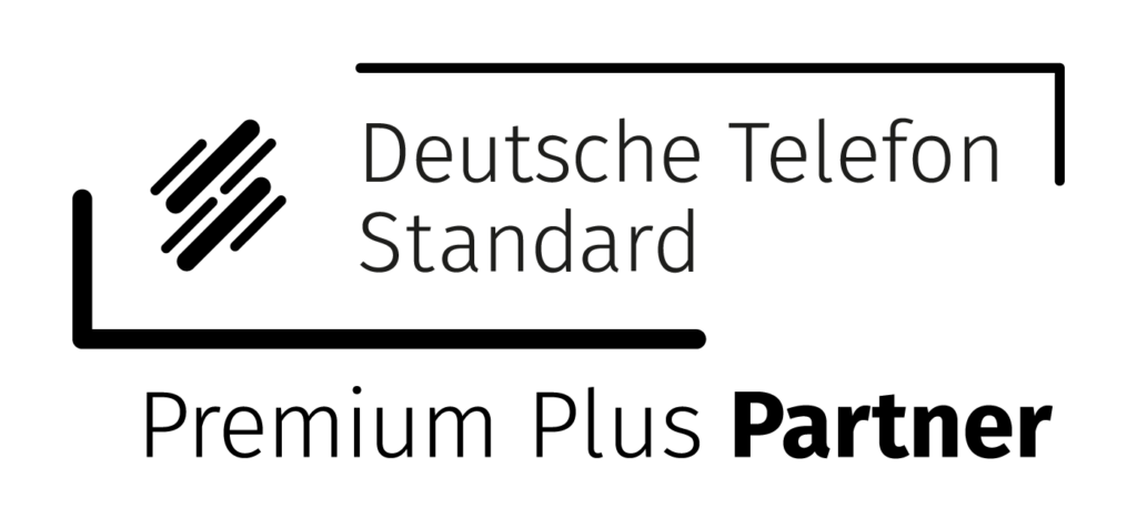 Logo der Deutsche Telefon Standard mit Premium Plus Partnerschaft: Exzellenz in Cloud-Telefonie Lösungen.